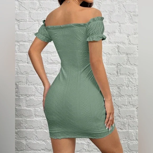 NWT Olive Green Over The Shoulder Bodycon Mini Slim Fit Sexy Dress Plain Green - Picture 2 of 3